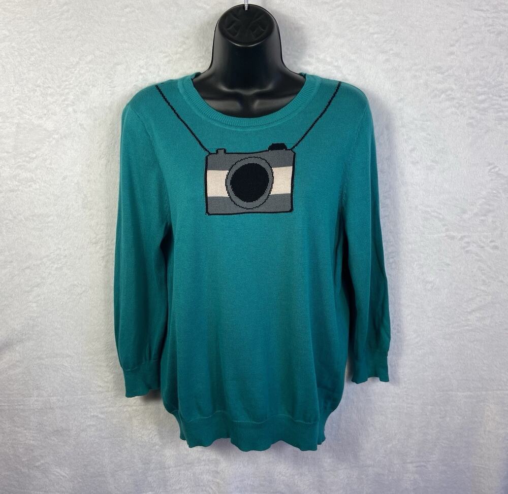 ModCloth Cardigan Sweater Women’s L Camera Print Cotton & Modal 3/4 Sleeves
